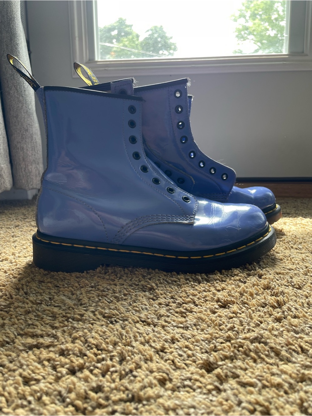 dr. martens periwinkle purple lace up moto combat boots